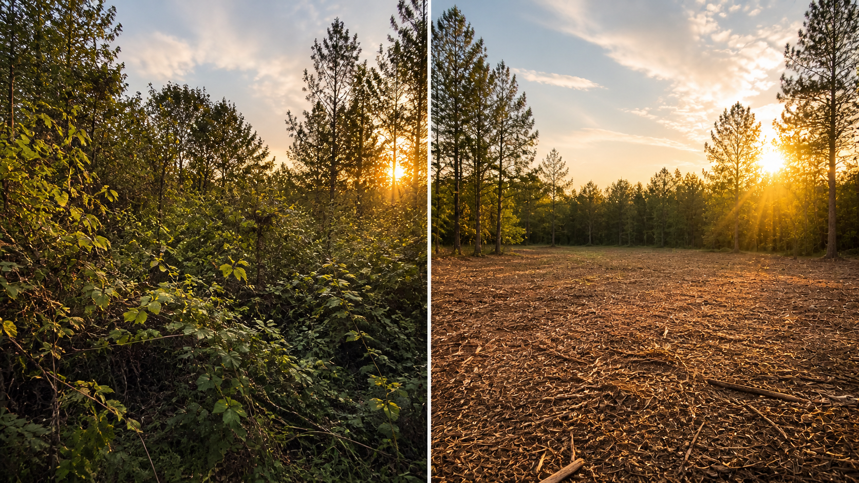 Before and after: overgrown brush cleared to open usable ground